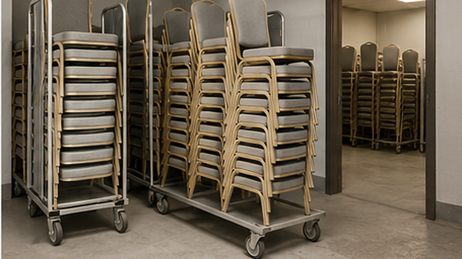 Stackable banquet chairs prepared for transport and organised storage