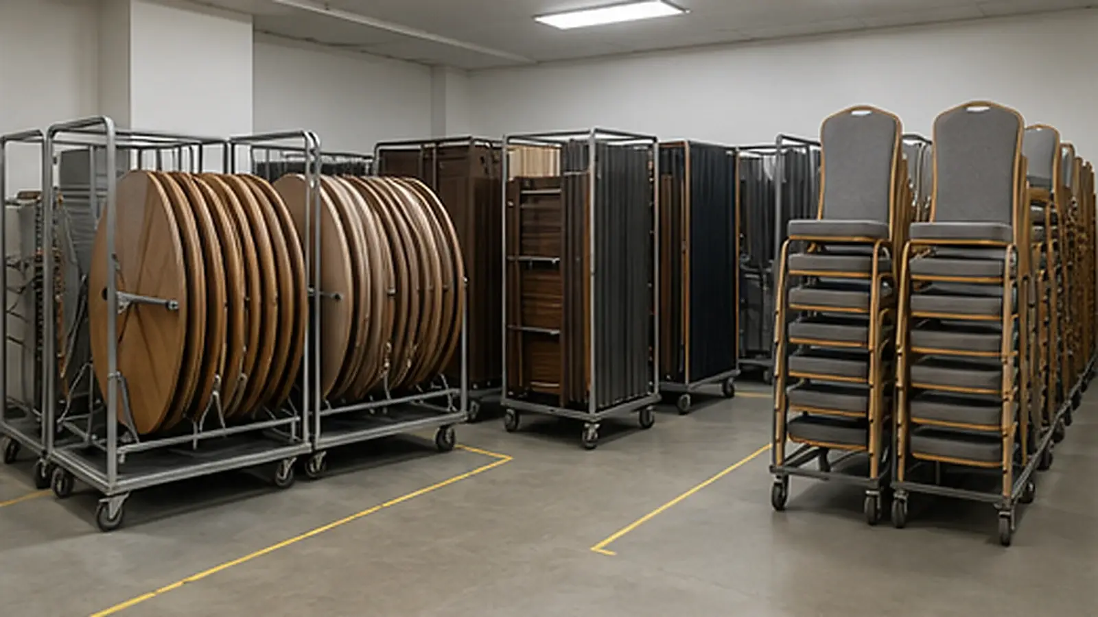 Banquet equipment transport trolleys in an organised hotel storage area