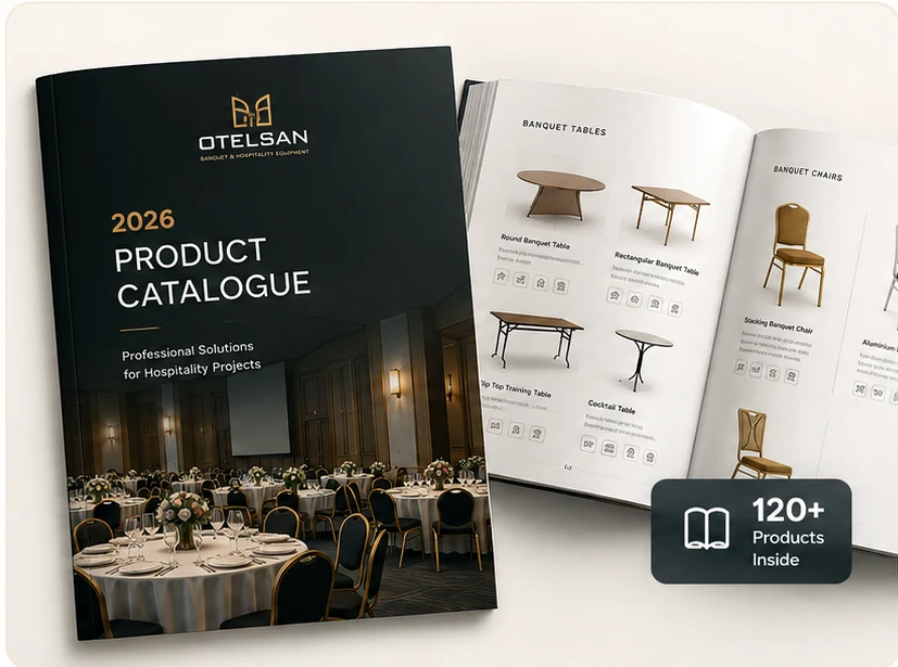 Otelsan 2026 product catalogue preview showing banquet tables, chairs and professional hospitality equipment