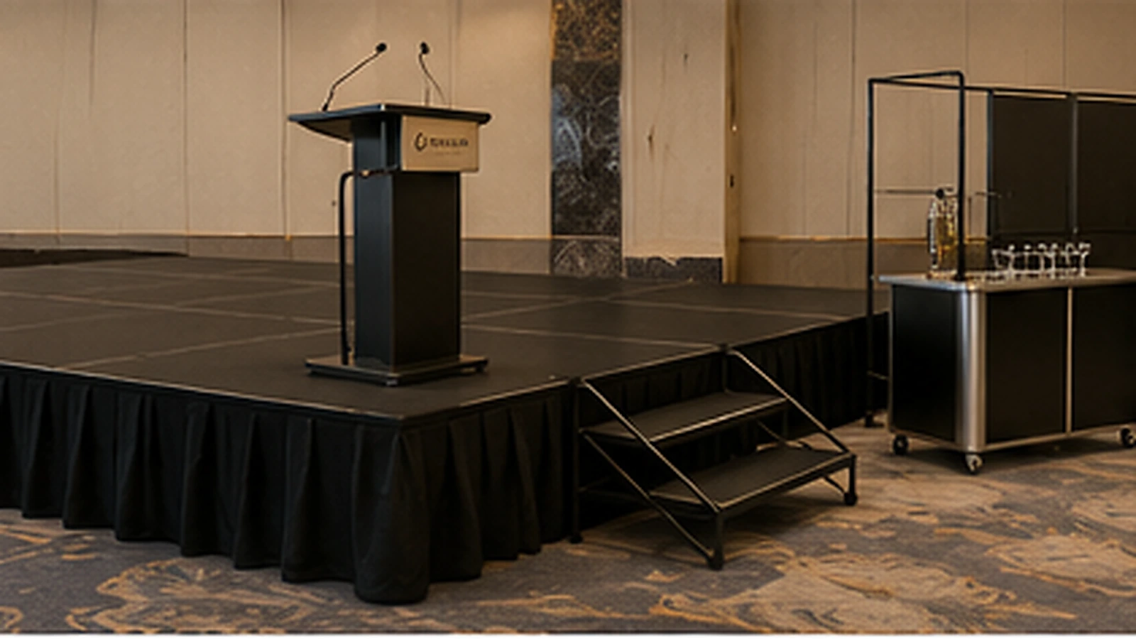 Portable stage lectern and mobile service equipment for hotel events
